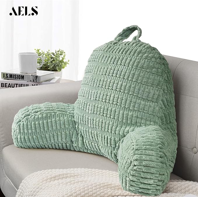 AELS Large Reading Pillow Replacement Cover with Arms and Pockets (Cover ONLY), 18" Soft Corduroy Striped Backrest Pillow Cover Fits Standard Size Reading Pillows, Sage Green