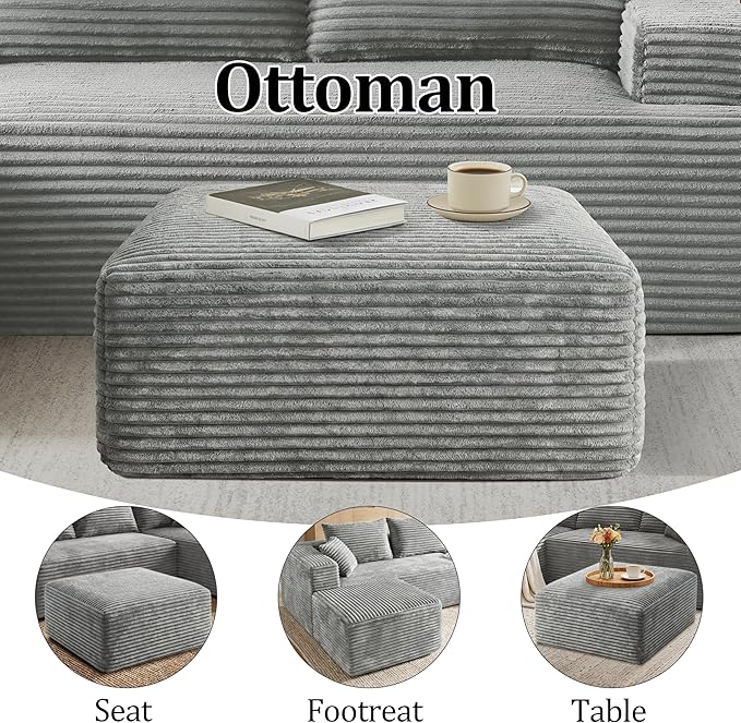 Corduroy Ottoman, Modern Boneless Cloud Foot Rest Foam Support, Oversized Modular Sectional Sofa Stool for Living Room, Bedroom & Small Spaces, No Assembly Required (Light Gray, Ottoman) | Foam Support, No Assembly Required, Living Room/Bedroom