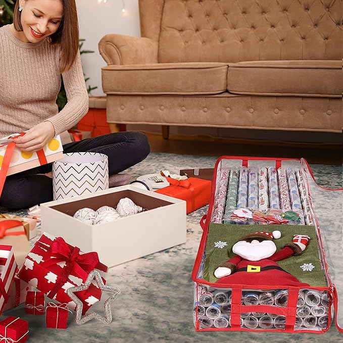 ProPik Wrapping Paper Storage Containers | Gift Wrap Organizer Under Bed | 41”x14”x6” | Box Holds 18-24 Rolls Up to 40” Long | Holder with Pockets for Ribbon, Bows and Accessories (2 Pack - Red)