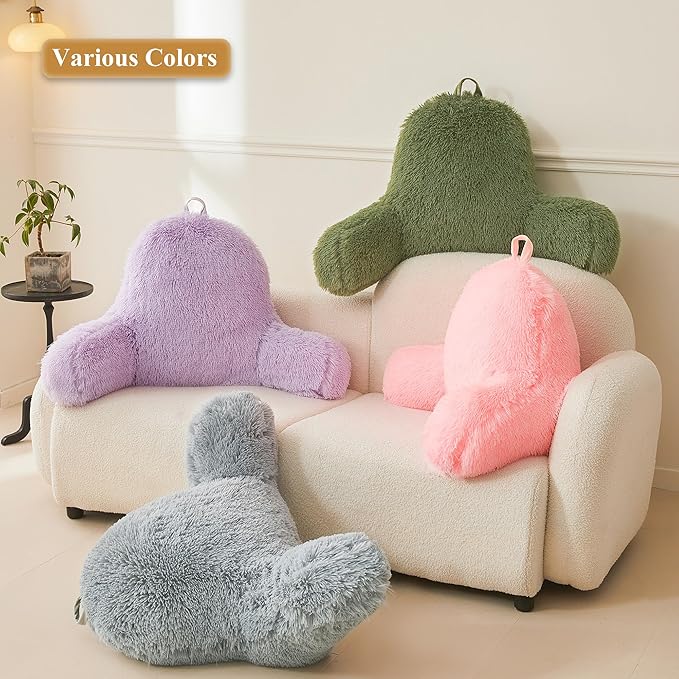 XeGe Fluffy Back Support Pillow Cover for Bed (No Filler), Light Purple Faux Fur Backrest Pillowcase, Lilac Furry Reading Pillow with Arms for Adults Kids, Fuzzy Sit Up Study Pillow, Lavender