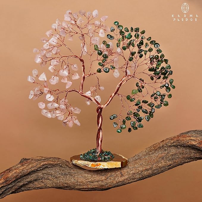 Handmade Healing Crystal Tree of Life Green Aventurine & Rose Quartz Chakra Tree for Money, Good Luck, Feng Shui Home Decor, Living Room Office Deocration, Unique Birthday Gifts for Women, Men, Mom
