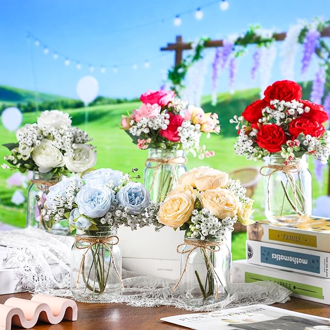 Zeyune Mason Jar Centerpiece Table Decorations, Artificial Peony Baby's Breath Flower Bouquets, Faux Flowers with Vase, Rustic Decor Gifts for Home, Wedding, Holiday(6 Sets,Pink Mix)