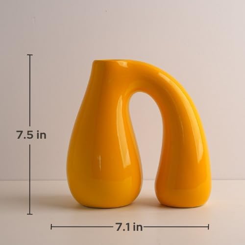 PROBENEX Yellow Ceramic Decorative Pitcher Vase, 7.5 in – Glossy Sculptural Arch-Handle, Modern Home Décor Accent for Fresh or Dried Floral Arrangements, Table/Shelf/Entryway, Giftable