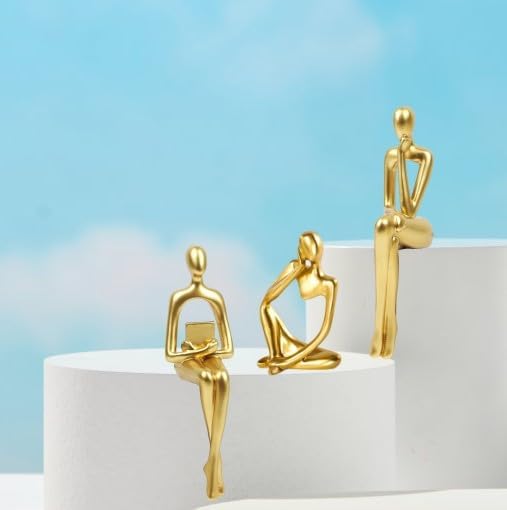 Prettidecor Gold Home Decor Thinker Statue Accents, Set of 3 Thinker Sculptures Office Decor Modern Abstract Resin Decoration on Shelf Table Desk for Living Room Office Bedroom (Large Gold)
