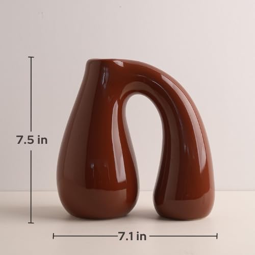 PROBENEX Brown Ceramic Decorative Pitcher Vase, 7.5 in – Glossy Sculptural Arch-Handle, Warm Earth-Tone Home Décor for Fresh or Dried Floral Arrangements, Table/Shelf/Entryway, Giftable