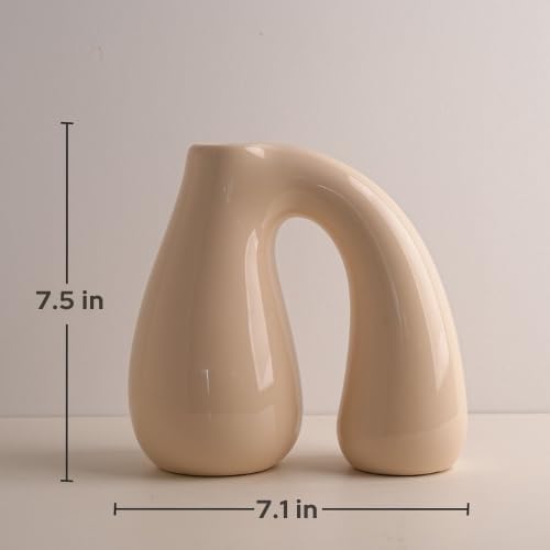 PROBENEX Cream White Ceramic Decorative Pitcher Vase, 7.5 in – Glossy Sculptural Arch-Handle, Modern Home Décor Accent for Fresh or Dried Floral Arrangements, Table/Shelf/Entryway, Giftable