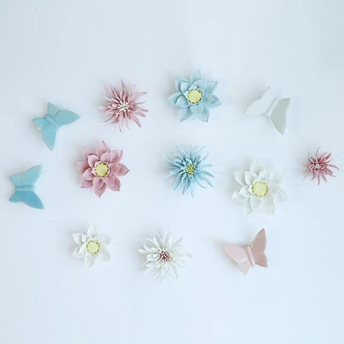 3D Handmade Porcelain Flower Wall Art Decor, 3D Ceramic Flower Wall Decor, Home Office Decor, Unique Gift for Home Office Decor,Girls (Blue, Yimi Flower, 2.76")