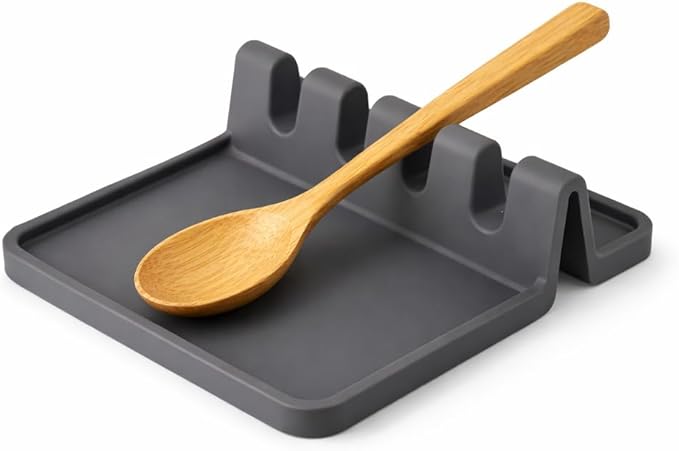 Silicone Spoon Rest for Stove – Heat Resistant, Non-Slip, Dishwasher Safe Utensil Holder with Drip Pad (Dark Gray)
