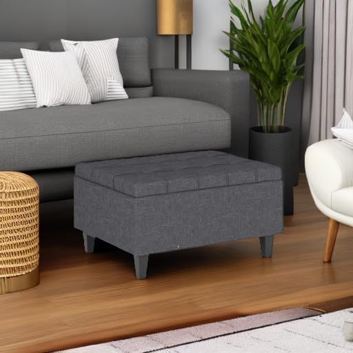 SIMPLIHOME Harrison Small Coffee Table Storage Ottoman - 34 inch Wide Upholstered Linen Look Fabric Rectangular Lift-Top Ottoman in Slate Grey, Transitional Ottoman for Living Room with Hidden Storage