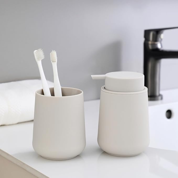 YAUKPH Matte Beige Liquid Hand Soap Dispenser Plastic 11 oz - Modern Minimalist Style for Bathroom & Kitchen Countertop Refillable