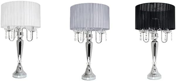 Elegant Designs LT1034-WHT Trendy Sheer Table Lamp with Hanging Crystals and Sheer Shade, White