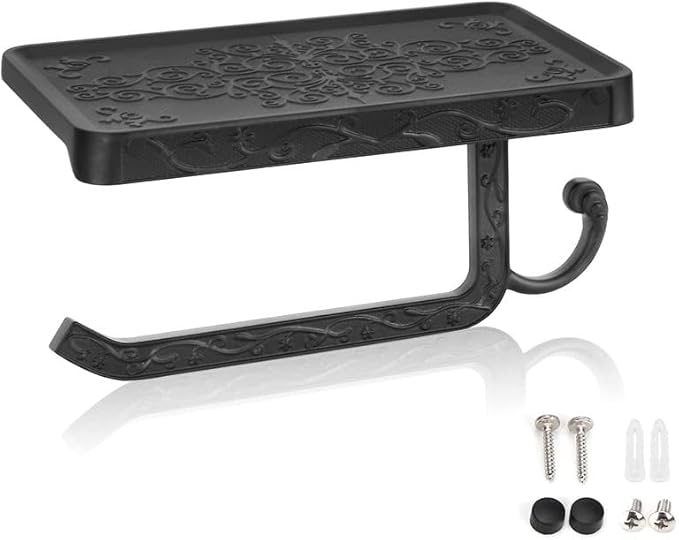 Vintage Toilet Paper Holder Wall Mount Toilet Roll Holder with Shelf and Hook Bronze Antique Bathroom Accessories Toilet Tissue Roll Holder Hanger Aluminum Material (Black)