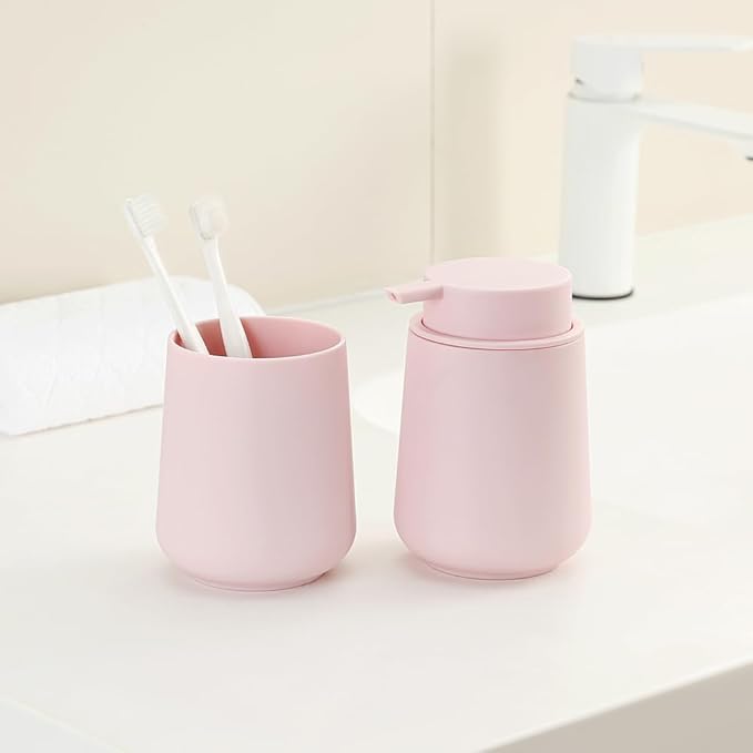 YAUKPH Matte Light Pink Liquid Hand Soap Dispenser Plastic 11 oz - Modern Minimalist Style for Bathroom & Kitchen Countertop Refillable