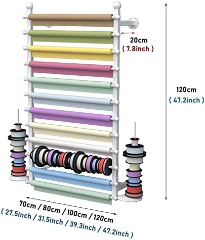 Ribbon Display Storage Organizer Wire Spool Rack Wrapping Paper Shelf Wall Mounted,Detachable Ribbons Tray&Removable Crossbars,White,80X20X120Cm