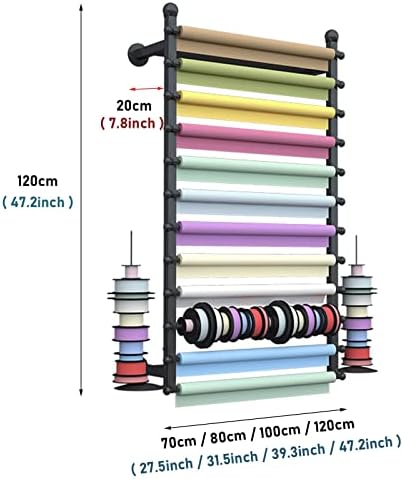 Ribbon Display Storage Organizer Wire Spool Rack Wrapping Paper Shelf Wall Mounted,Detachable Ribbons Tray&Removable Crossbars,Black,70X20X120Cm