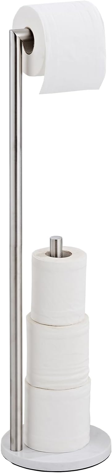 Marble Toilet Paper Holder Stand - Brushed Nickel, Freestanding with Storage, Floor Stand, Silver Toilet Roll Holder, Standing Paper Towel Holder