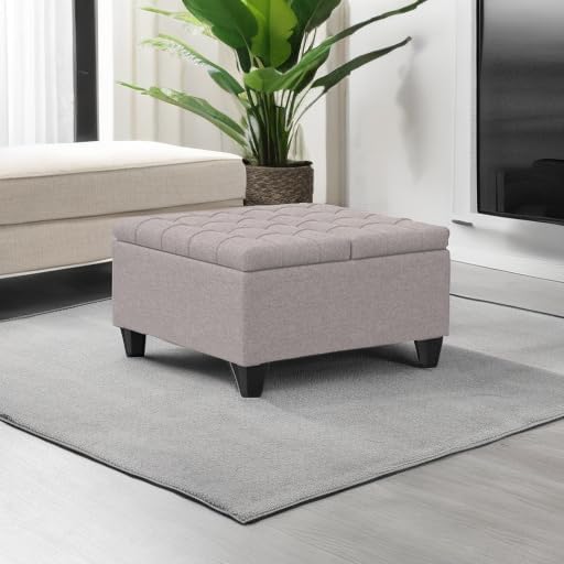 SIMPLIHOME Harrison Small Coffee Table Storage Ottoman - 30 inch Wide Upholstered Linen Look Fabric Square Lift-Top Ottoman in Cloud Grey, Transitional Ottoman for Living Room with Hidden Storage