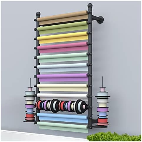 Ribbon Display Storage Organizer Wire Spool Rack Wrapping Paper Shelf Wall Mounted,Detachable Ribbons Tray&Removable Crossbars,Black,70X20X120Cm