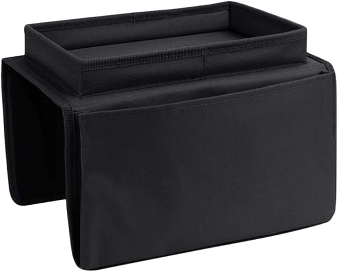 Sofa Armrest Organizer with Cup Holder No-Slip Couch Sofa Armrest Organiser Couch Remote Caddy Control Holder with 1 Large Pockets and 3 Small Pockets for Smart Phone Magazines Ipad Drinks (Black)