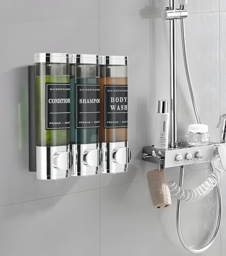 Shower Soap Dispenser Wall Mounted No Drill Shampoo Dispenser for Shower Wall Shampoo and Conditioner Dispenser Bathroom Hotel 3 * 300ml Chrome with Labels