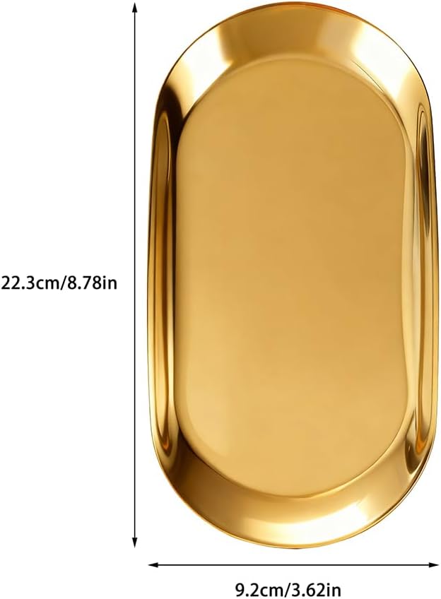 2 Pack Stainless Steel Decorative Tray, 9 Inch Gold Trays for Decor, Jewelry Tray Cosmetics Organizer for Holding Perfume, Keys, Candle (Oval)
