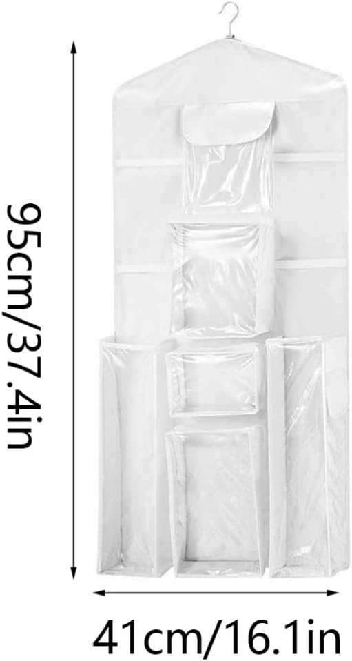 Christmas Wrapping Paper Organizer Large Capacity Wall Hanging Double-Sided Transparent with 10 Pockets Space-Saving Rear Door Gift Storage Bag with Zipper 37.40x5.51 Inch.