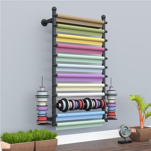 Ribbon Display Storage Organizer Wire Spool Rack Wrapping Paper Shelf Wall Mounted,Detachable Ribbons Tray&Removable Crossbars,Black,100X20X120Cm