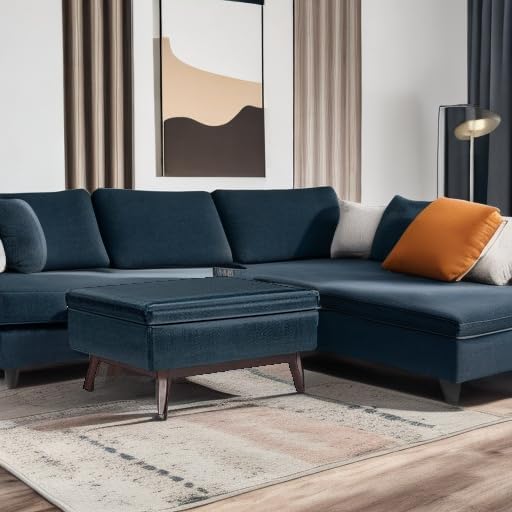 SIMPLIHOME Owen Coffee Table Storage Ottoman - 34" Wide x 19" High Upholstered Vegan Leather Rectangular Lift-Top Ottoman in Distressed Dark Blue, Mid-Century Modern Bench with Tapered Legs
