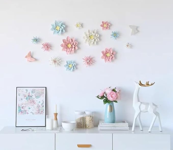 Yimi Flower，4.72" Ceramic Flower 3D Handmade Porcelain Flower Wall Art Decor, 3D Ceramic Flower Wall Decor, Home Office Decor, Unique Gift for Home Office Decor,Girls (Blue)