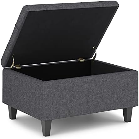 SIMPLIHOME Harrison Small Coffee Table Storage Ottoman - 34 inch Wide Upholstered Linen Look Fabric Rectangular Lift-Top Ottoman in Slate Grey, Transitional Ottoman for Living Room with Hidden Storage