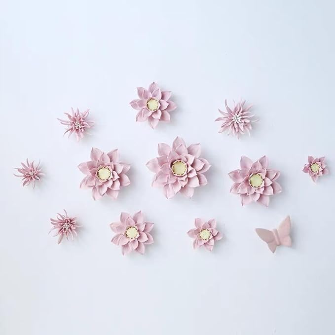 Yimi Flower， 4.72" Ceramic Flower 3D Handmade Porcelain Flower Wall Art Decor, 3D Ceramic Flower Wall Decor, Home Office Decor, Unique Gift for Home Office Decor,Girls (Pink)