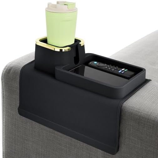 LifeBox Couch Cup Holder Tray & Coffee Cup - Silicone Sofa Cup Holder Couch Arm Rest - Cup Holder Couch Caddy - Cup Holder for Recliner Chair Arm - Couch Remote Holder for Couch Arm Table Black