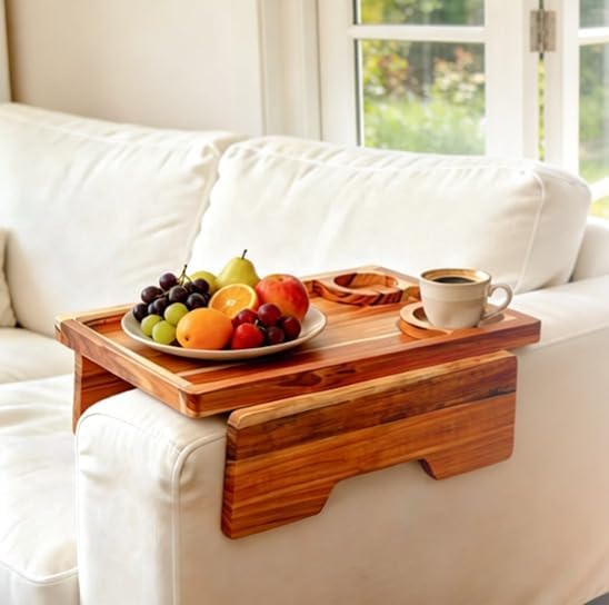 15.35" x 10.24" Teak Wood Couch Arm Tray, Sofa Armrest Table with Dual Cup Holders, Clip-on Tray for Wide Couch - Side Table for Eating & Drink, Snack, Phone, Remote