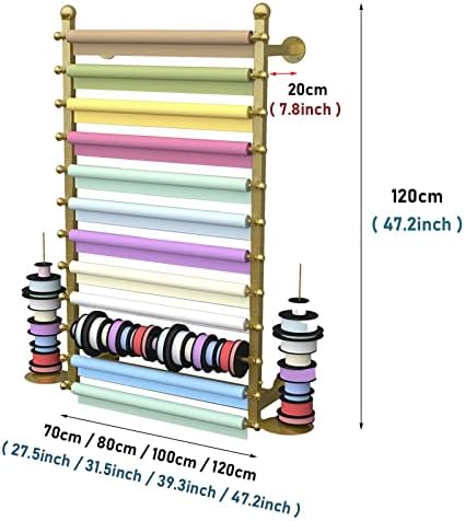 Ribbon Display Storage Organizer Wire Spool Rack Wrapping Paper Shelf Wall Mounted,Detachable Ribbons Tray&Removable Crossbars,Gold,70X20X120Cm