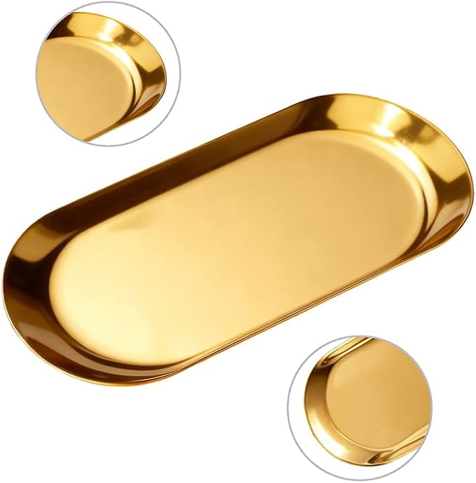 2 Pack Stainless Steel Decorative Tray, 9 Inch Gold Trays for Decor, Jewelry Tray Cosmetics Organizer for Holding Perfume, Keys, Candle (Oval)