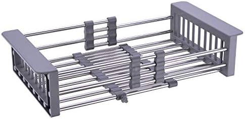 Sink Dish Drying Rack, Stainless Steel Drainer for 10.7"-17" Sinks, Kitchen Countertop Organizer for Dishes, Vegetables, and Fruits (Grey & Small)
