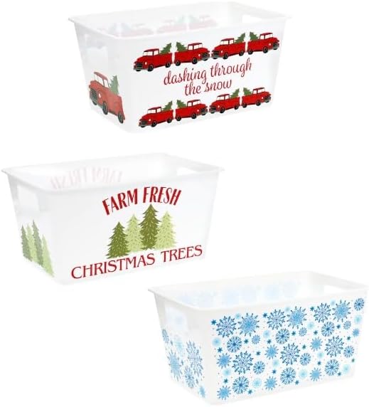 DADE Christmas Rectangle Bucket with Handles, Stackable Desk Storage Containers Organizer Holder Gift Basket Gifts Favor Home Kitchen Versatile Reusable Decorations Ornament 3CT
