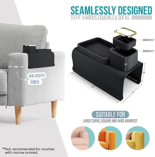 LifeBox Couch Cup Holder Tray & Coffee Cup - Silicone Sofa Cup Holder Couch Arm Rest - Cup Holder Couch Caddy - Cup Holder for Recliner Chair Arm - Couch Remote Holder for Couch Arm Table Black