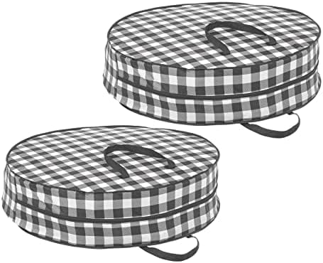 mDesign Round 30" Wreath Storage Container with Handles, Fabric Christmas Wreath Storage Bag, Protector, Garland Storage Bag Container, Holiday Decoration Organizer - 2 Pack, Buffalo Plaid Black/White