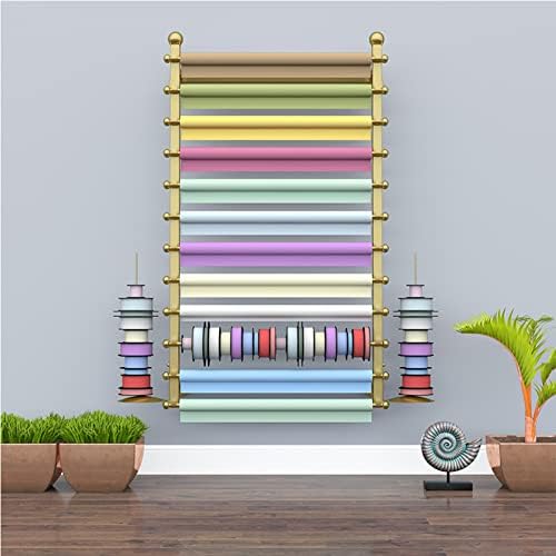 Ribbon Display Storage Organizer Wire Spool Rack Wrapping Paper Shelf Wall Mounted,Detachable Ribbons Tray&Removable Crossbars,Gold,120X20X120Cm