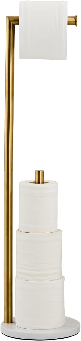 Marble Toilet Paper Holder Stand - Brushed Gold, Freestanding with Storage, Floor Stand, Gold Toilet Roll Holder, Standing Paper Towel Holder