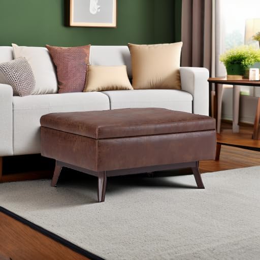SIMPLIHOME Owen Coffee Table Storage Ottoman - 34" Wide x 19" High Upholstered Vegan Leather Rectangular Lift-Top Ottoman in Distressed Saddle Brown, Mid-Century Modern Bench with Tapered Legs