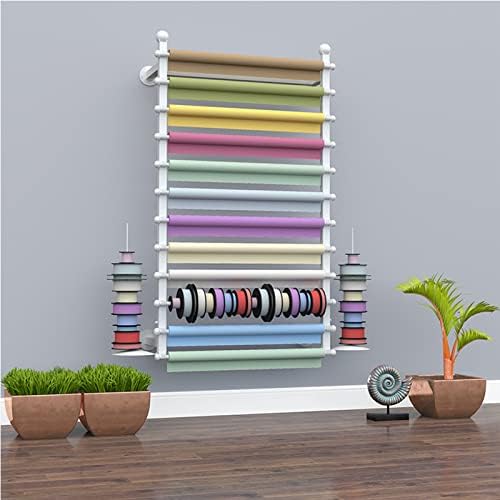 Ribbon Display Storage Organizer Wire Spool Rack Wrapping Paper Shelf Wall Mounted,Detachable Ribbons Tray&Removable Crossbars,White,120X20X120Cm