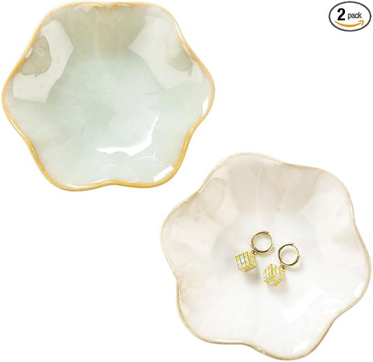 2PCS Lotus Leaf Shape Ring Holder Dish, Small Key Bowl, Ceramic Trinket Tray Jewelry Dish Organizing Necklace Earrings for Mom Friend Sister, All Jewelries Are NOT Included.White+Light Green.