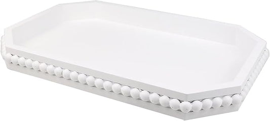 Hrastany White Wood Serving Tray with Beads, Farmhouse Decorative Tray for Table Centerpiece, Christmas Wedding Halloween Home Decor