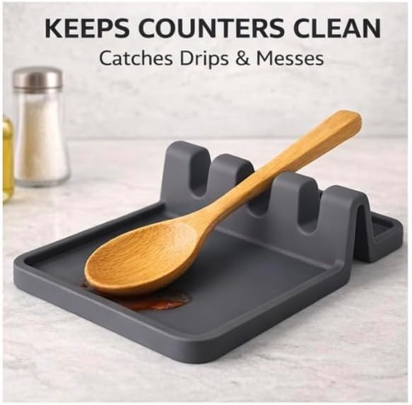 Silicone Spoon Rest for Stove – Heat Resistant, Non-Slip, Dishwasher Safe Utensil Holder with Drip Pad (Dark Gray)