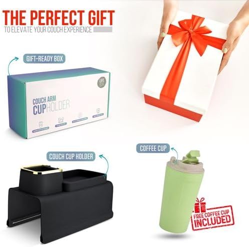 LifeBox Couch Cup Holder Tray & Coffee Cup - Silicone Sofa Cup Holder Couch Arm Rest - Cup Holder Couch Caddy - Cup Holder for Recliner Chair Arm - Couch Remote Holder for Couch Arm Table Black