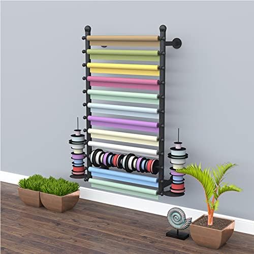 Ribbon Display Storage Organizer Wire Spool Rack Wrapping Paper Shelf Wall Mounted,Detachable Ribbons Tray&Removable Crossbars,Black,120X20X120Cm