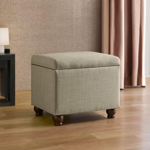 Homepop Home Decor | Upholstered MediumRectangular Storage Ottoman | Hinged Lid Ottoman with Storage for Living Room & Bedroom, Tan Linen