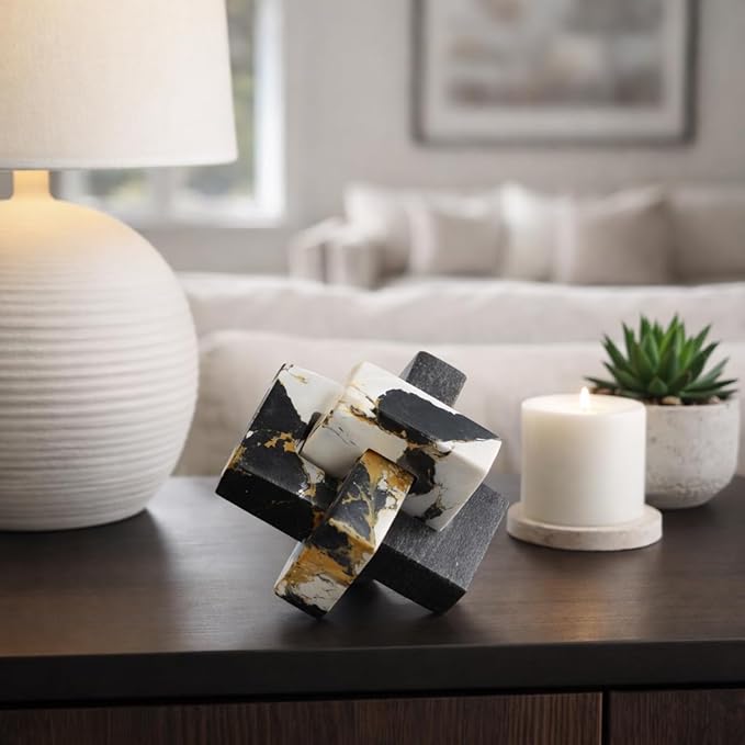 Geometric Home Decor Marble Sculpture for Living Room and Bathroom - Modern Glam Figurine Ornaments for Office Shelf Display - Modern Stone Accent for Coffee Table and Room Decor - 5", Black & White